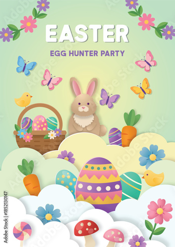 Easter banner or party invitation background with bunny, basket, colorful eggs, carrots and butterflies in paper cut style. Pastel green sky with clouds, spring flowers and festive decoration