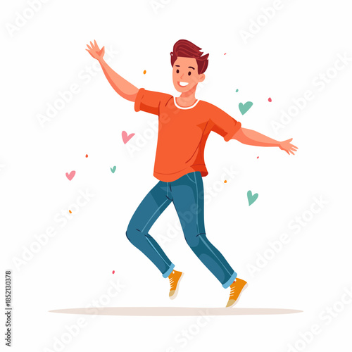 Happy young man jumping. Cartoon illustration of a boy with arms outstretched. Colorful hearts floating around. Vector graphic of a person feeling joyful. White background. Cheerful
