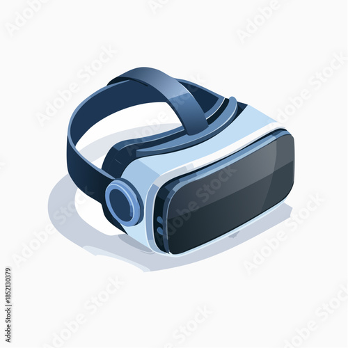 Virtual reality headset. VR goggles. Head mounted display. Vector illustration. Blue and white color. Technology device. Gaming accessory. Electronics. Futuristic. Simple design. Isolated