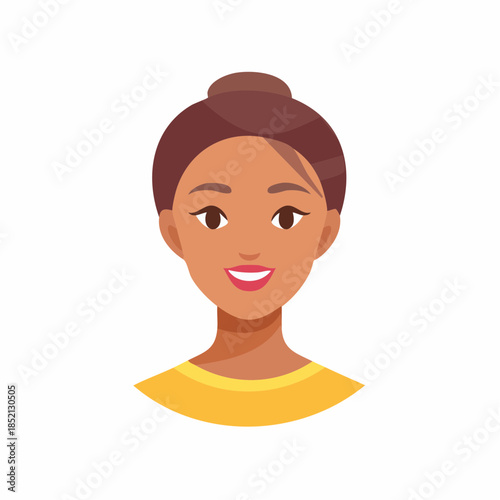 African American woman portrait. Smiling female face. Cartoon illustration. Vector avatar. Brown hair bun. Yellow shirt. White background.