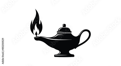 A detailed black silhouette of a classic magic lamp with flames evoking mystery
