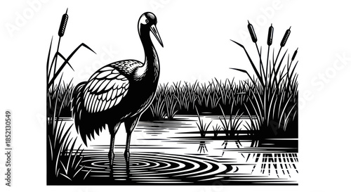 Elegant Crane Bird Standing Gracefully in Water.