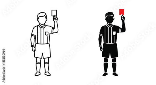 Soccer referee displaying a red card in both outline and striking silhouette