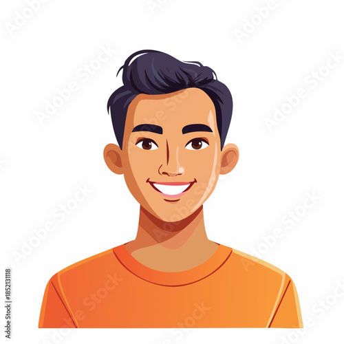 Cartoon man smiling. Young man with dark hair. Orange shirt. Vector illustration. Portrait of a happy man. White background.