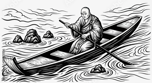 Monk Rowing Boat on Water: Serene Journey of Contemplation.