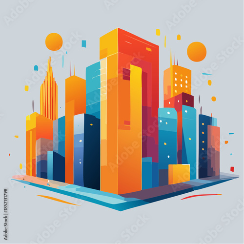 Colorful cityscape illustration. Modern urban skyline. Geometric buildings. Vibrant orange and blue hues. Cityscape design. Vector graphic. Urban landscape. Abstract background.