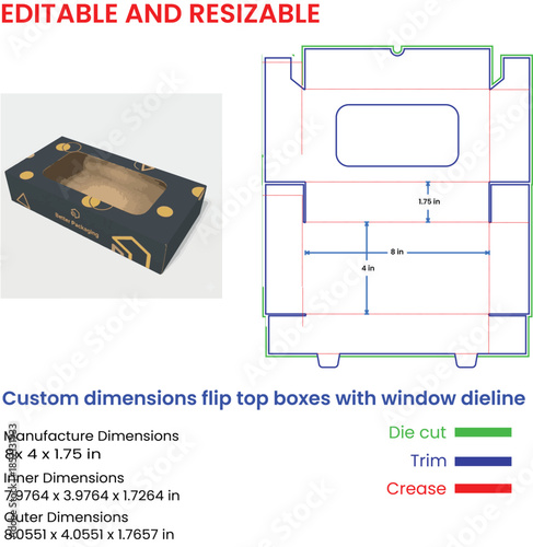 Custom flip top box dieline with window and dimensions for packaging design template die cut