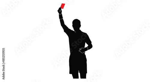 Referee displaying a red card with an outstretched arm a stark black silhouette