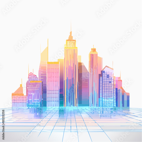 City skyline. Urban landscape. Colorful buildings. Architectural illustration. Gradient background. Cityscape design. Modern city. Urban planning. Architectural visualization. Vector