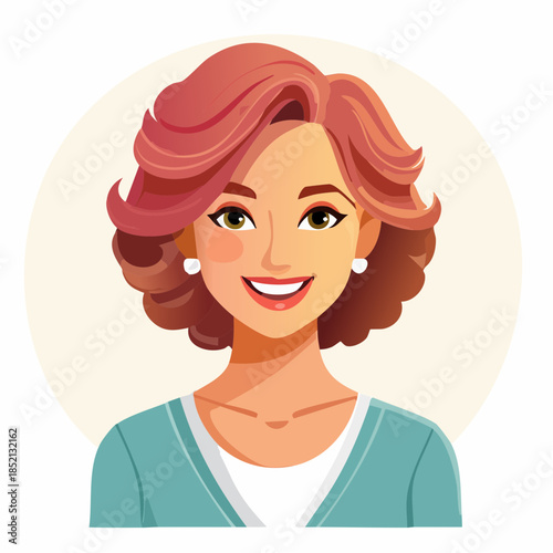 Smiling woman avatar. Cartoon female character. Red haired person. Vector illustration on beige background. Woman portrait. Female face. Teal shirt. White pearls. Simple style.