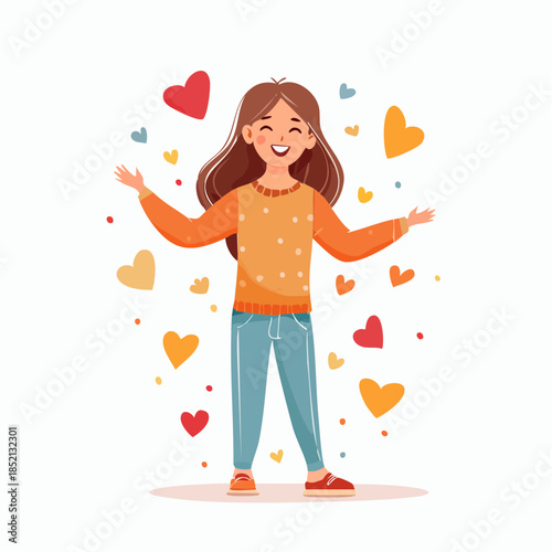 Cartoon woman with hearts. Smiling girl in orange sweater. Colorful heart shapes around. Vector illustration on white background. Happy woman with arms open. Hearts floating around. Festive