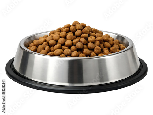 Stainless steel dog food bowl filled with brown kibble dog food, pet food, kibble, stainless steel bowl, pet bowl, animal food, brown kibble, metal bowl, black base, pet dish, food bowl, canine food, 