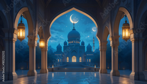 An ornate islamic architectural view featuring arched doorways a crescent moon and a grand mosque in the distance