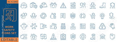 Work safety line icon set. Containing workplace security, risk management, Safety first, hard hat, insurance, first aid kit, regulation, and more. Fully editable. Vector illustration.