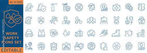 Work safety line icon set. Containing workplace security, risk management, Safety first, hard hat, insurance, first aid kit, regulation, and more. Fully editable. Vector illustration.