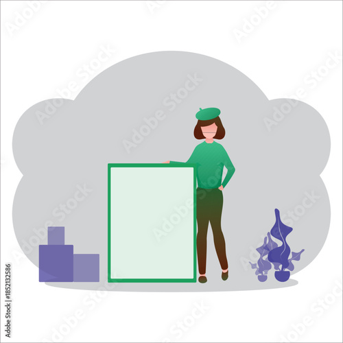 Female delivery person standing next to a blank sign