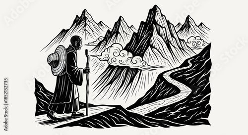 Monk with backpack and walking stick on mountain path.
