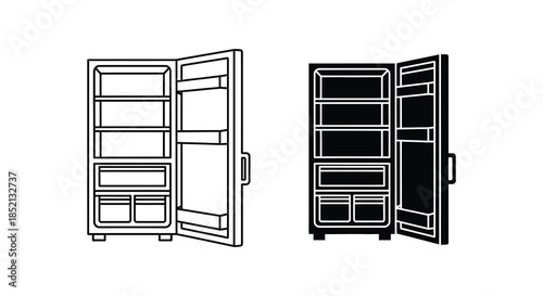 Two refrigerators one open and one closed presented in a simple black and white silhouette