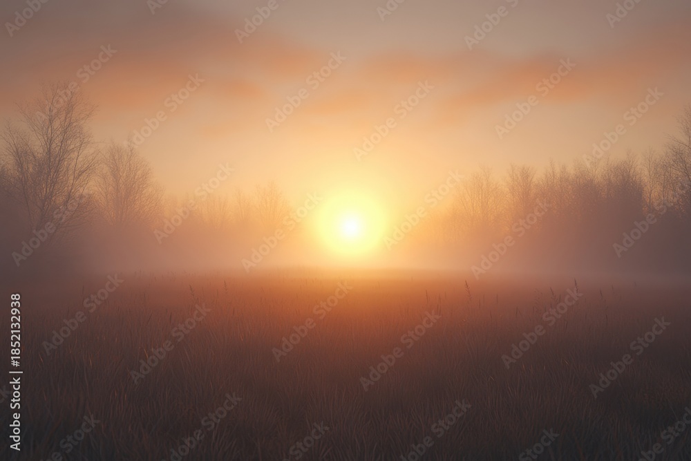 Obraz premium Mist envelops a tranquil landscape as the sun rises behind trees at dawn
