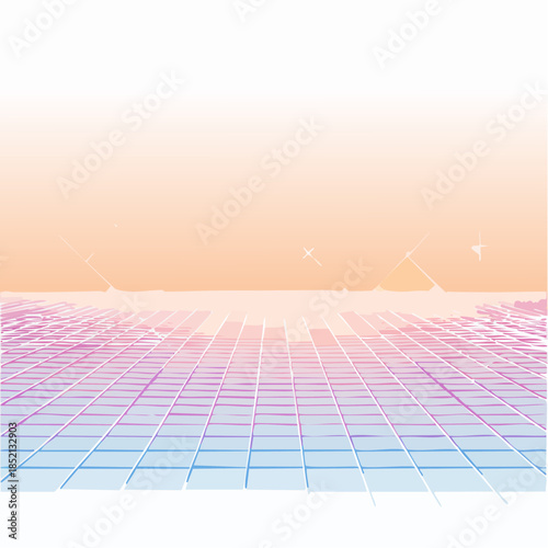 Vibrant grid pattern. Retro futuristic background. Pink and blue gradient. Geometric design. Seamless texture. Orange sunset sky. Sparkling stars. Vector illustration.