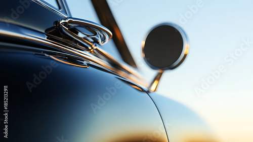 Reflections on a classic: A close-up captures the sleek lines of a vintage car, showcasing its chrome details against a bright sky, blending artistry and function.
