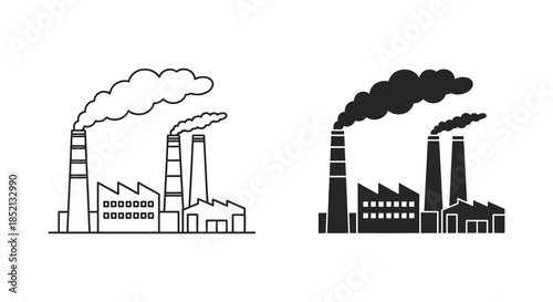 Industrial factory buildings with smoking chimneys contrasted line art and bold silhouette