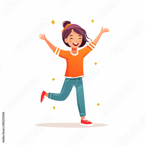 Happy young girl jumping. Cartoon illustration of joyful child. Smiling kid with arms raised. Orange shirt and green pants. Vector design on white background. Fun and playful character.