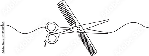 Scissor and comb continuous one line drawing vector illustration, Set of scissors and comb one line continuous drawing vector illustration. one line Icon drawing