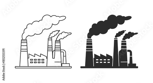Industrial factory buildings with smoke stacks shown in outline and dark silhouette