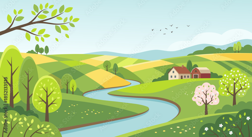 Fototapeta premium Green Countryside Landscape with River, Hills and Small Village