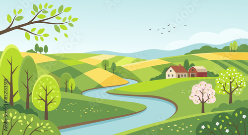 Green Countryside Landscape with River, Hills and Small Village