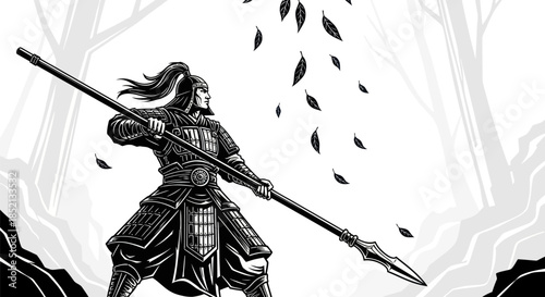 Warrior with Spear in Forest Ready for Battle.