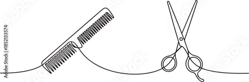 Scissor and comb continuous one line drawing vector illustration, Set of scissors and comb one line continuous drawing vector illustration. one line Icon drawing