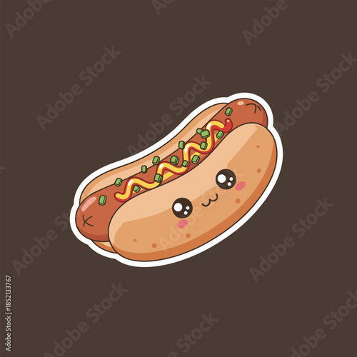 Cute Hot Dog Cartoon Character with Kawaii Face and Toppings.