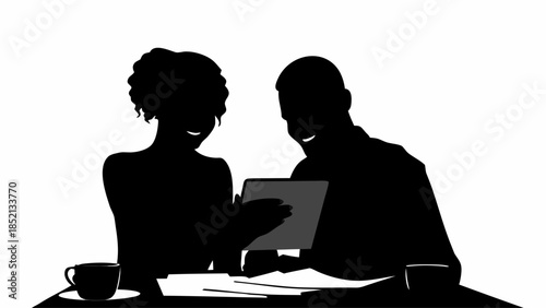 Modern Diverse Couple Reviewing Paperwork or Digital Tablet Together at Home, Concept of Financial Planning and Decision Making, Flat Vector Illustration