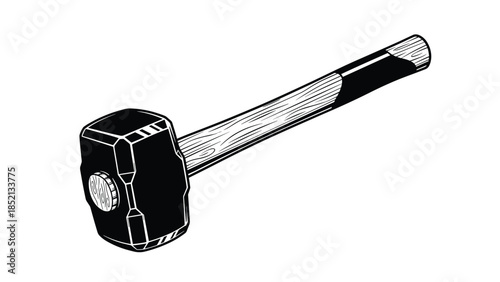 Simple black and white illustration of a heavy industrial sledgehammer with a long textured wooden handle for construction work.