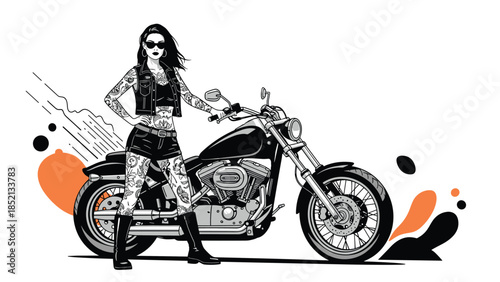 Bold black and white illustration of a cool tattooed woman in leather gear standing confidently beside a heavy custom motorcycle.