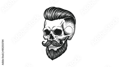 Artistic black and white illustration of a skull featuring a stylish pompadour haircut with a well groomed mustache and thick beard.