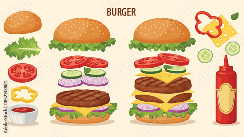 Educational burger infographic showing various layers and fresh ingredients for two different burgers with toppings and condiments.