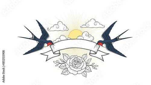 Classic tattoo style illustration of two blue swallow birds holding a blank white banner above a large rose against a rising sun.