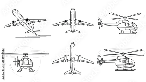 Set of technical line drawings showcasing different types of aircraft including commercial jets and helicopters from various angles.