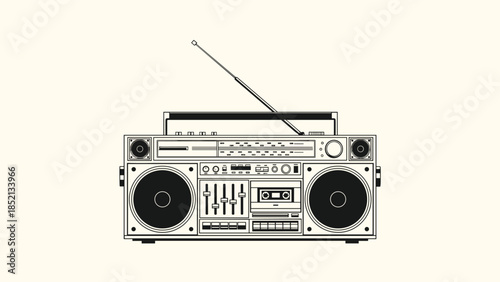 Minimalist illustration of a classic vintage boombox portable radio with an antenna against a clean cream colored background.