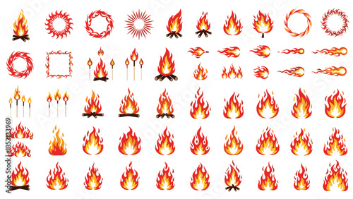 Extensive grid of pixel art fire and flame icons including campfires torches and fireballs for game design or user interface elements.