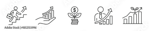 Business Growth and Financial Success Icon Set, Career Advancement, Investment Growth, Revenue Increase, Profit Development and Economic Progress Concept, Vector Illustration