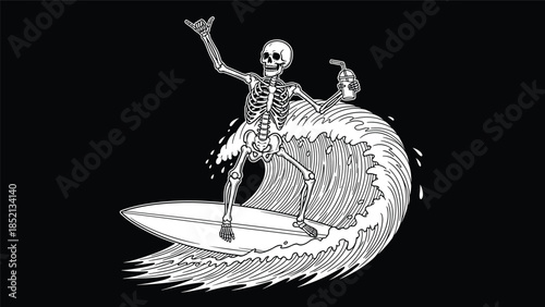 Dynamic black and white illustration of a skeleton surfing on a huge breaking ocean wave while holding a drink with a straw.