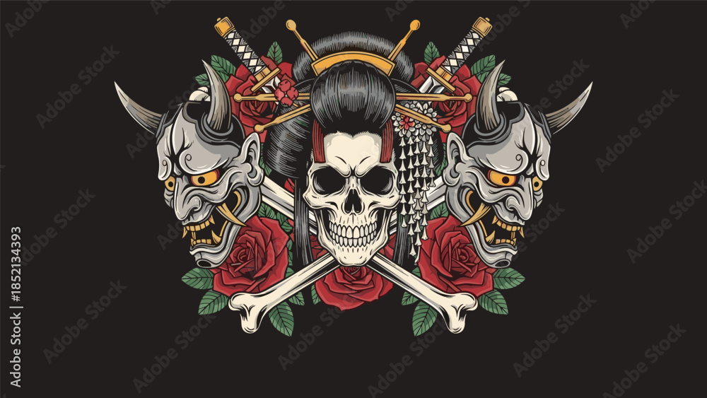 Fototapeta premium Intricate japanese inspired illustration featuring a female skull two oni masks crossed bones red roses and traditional katanas.