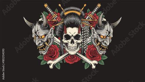 Intricate japanese inspired illustration featuring a female skull two oni masks crossed bones red roses and traditional katanas.