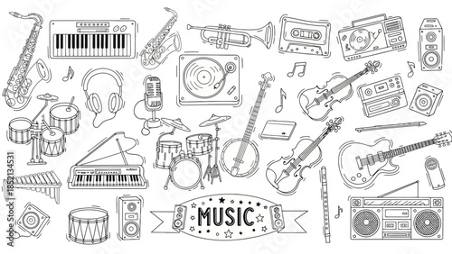 Doodle Vector Illustration of Various Musical Instruments and Equipment