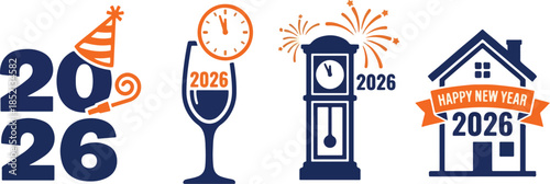 PrintKeywords: New Year 2026, 2026, happy new year, celebration, icon set, vector illustration, flat design, blue and orange, party hat, party blower, wine glass, champagne glass, clock, midnight, gra