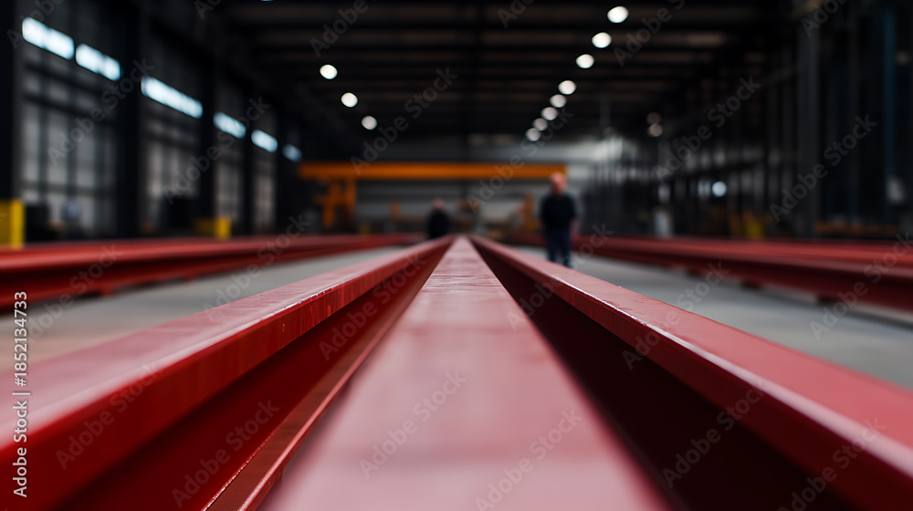 Fototapeta premium Parallel Perspectives: Rows of red metal structures in a vast industrial space, with blurred figures adding a sense of scale and activity in the background. Lights overhead.
